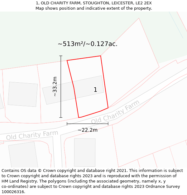 1, OLD CHARITY FARM, STOUGHTON, LEICESTER, LE2 2EX: Plot and title map