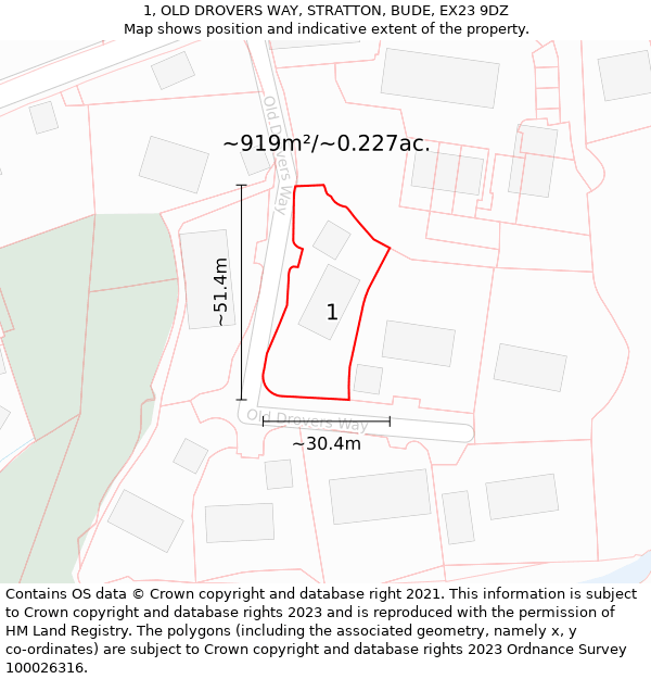 1, OLD DROVERS WAY, STRATTON, BUDE, EX23 9DZ: Plot and title map