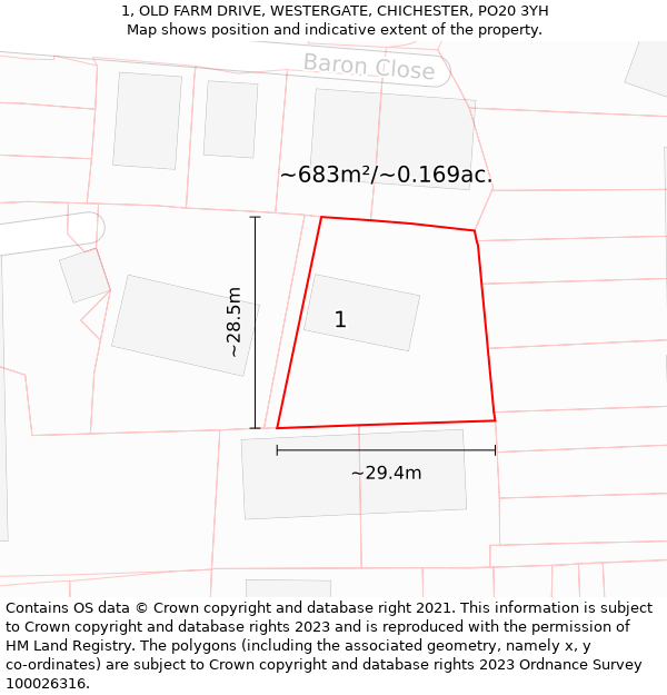 1, OLD FARM DRIVE, WESTERGATE, CHICHESTER, PO20 3YH: Plot and title map