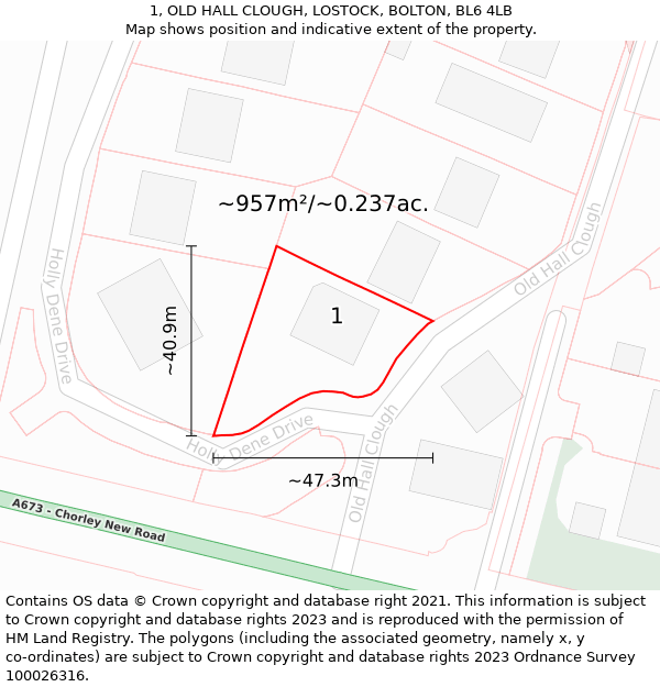 1, OLD HALL CLOUGH, LOSTOCK, BOLTON, BL6 4LB: Plot and title map