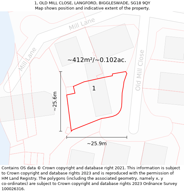 1, OLD MILL CLOSE, LANGFORD, BIGGLESWADE, SG18 9QY: Plot and title map