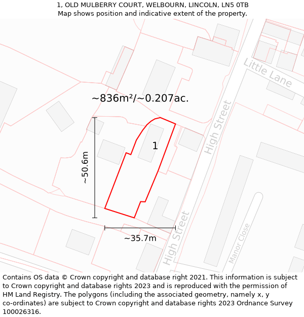 1, OLD MULBERRY COURT, WELBOURN, LINCOLN, LN5 0TB: Plot and title map