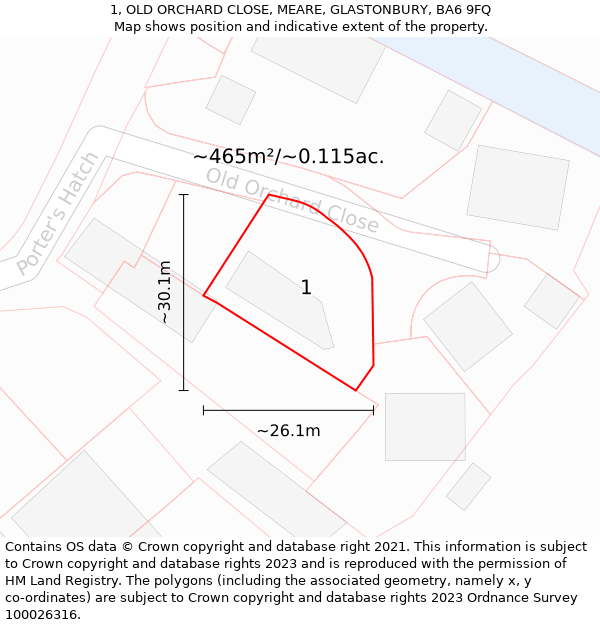 1, OLD ORCHARD CLOSE, MEARE, GLASTONBURY, BA6 9FQ: Plot and title map