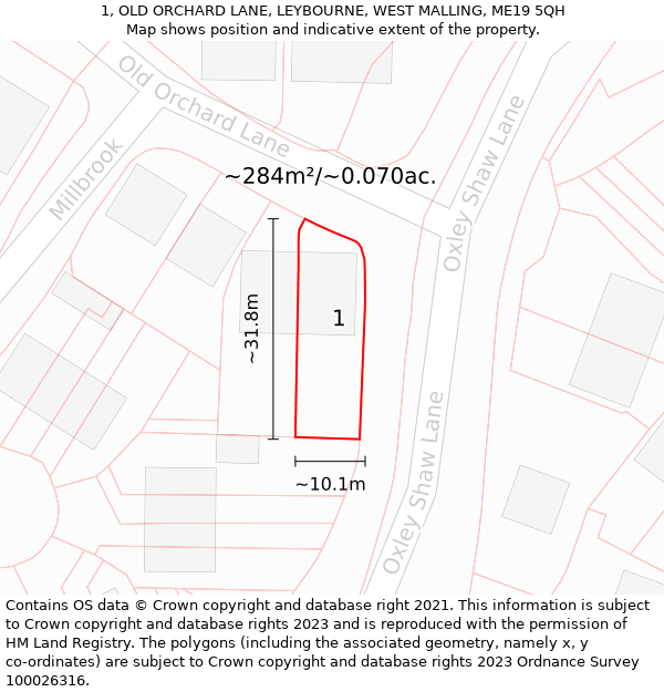 1, OLD ORCHARD LANE, LEYBOURNE, WEST MALLING, ME19 5QH: Plot and title map