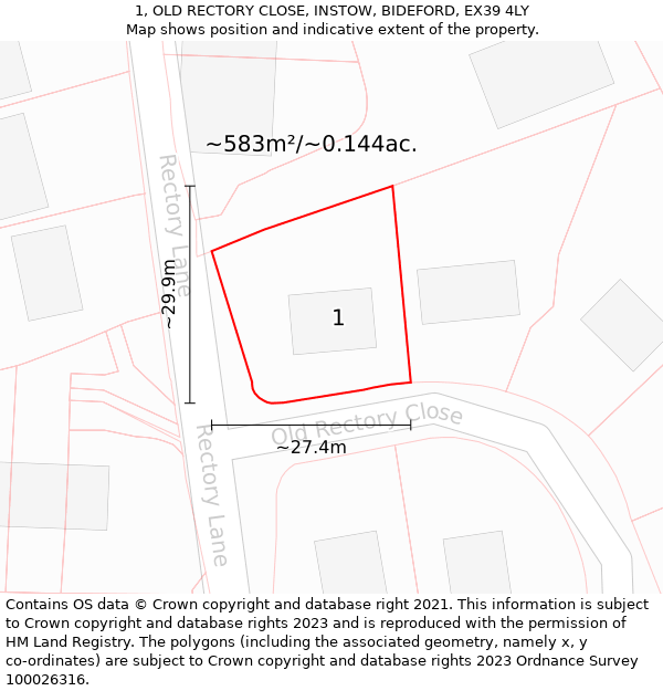 1, OLD RECTORY CLOSE, INSTOW, BIDEFORD, EX39 4LY: Plot and title map