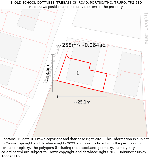 1, OLD SCHOOL COTTAGES, TREGASSICK ROAD, PORTSCATHO, TRURO, TR2 5ED: Plot and title map