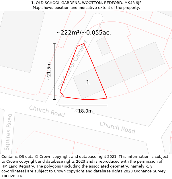 1, OLD SCHOOL GARDENS, WOOTTON, BEDFORD, MK43 9JF: Plot and title map