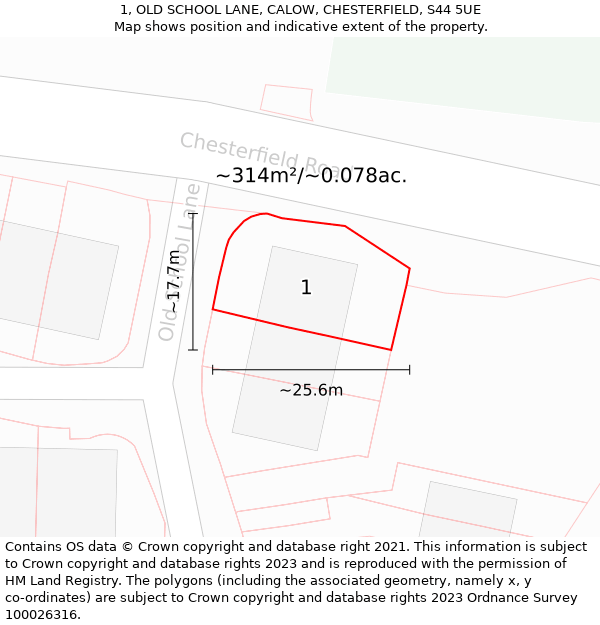 1, OLD SCHOOL LANE, CALOW, CHESTERFIELD, S44 5UE: Plot and title map