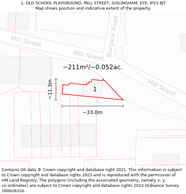1, OLD SCHOOL PLAYGROUND, MILL STREET, GISLINGHAM, EYE, IP23 8JT: Plot and title map