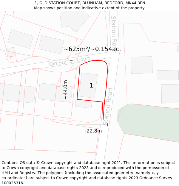 1, OLD STATION COURT, BLUNHAM, BEDFORD, MK44 3PN: Plot and title map