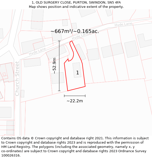 1, OLD SURGERY CLOSE, PURTON, SWINDON, SN5 4FA: Plot and title map