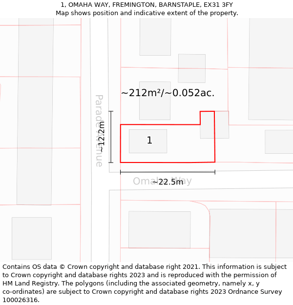 1, OMAHA WAY, FREMINGTON, BARNSTAPLE, EX31 3FY: Plot and title map