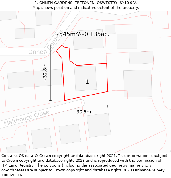 1, ONNEN GARDENS, TREFONEN, OSWESTRY, SY10 9FA: Plot and title map