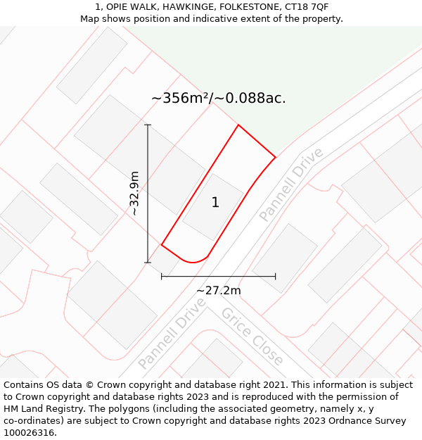 1, OPIE WALK, HAWKINGE, FOLKESTONE, CT18 7QF: Plot and title map