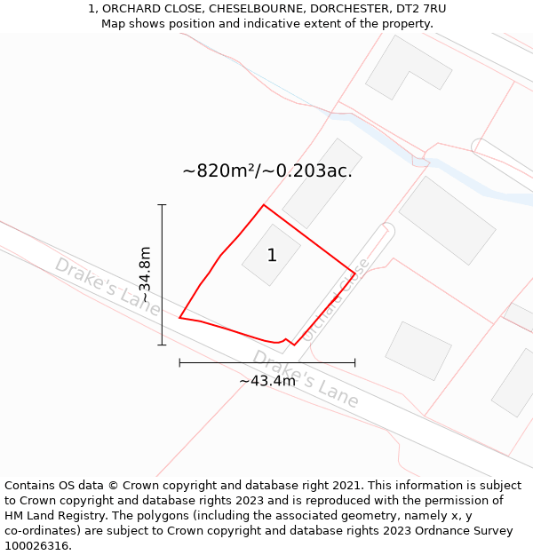 1, ORCHARD CLOSE, CHESELBOURNE, DORCHESTER, DT2 7RU: Plot and title map