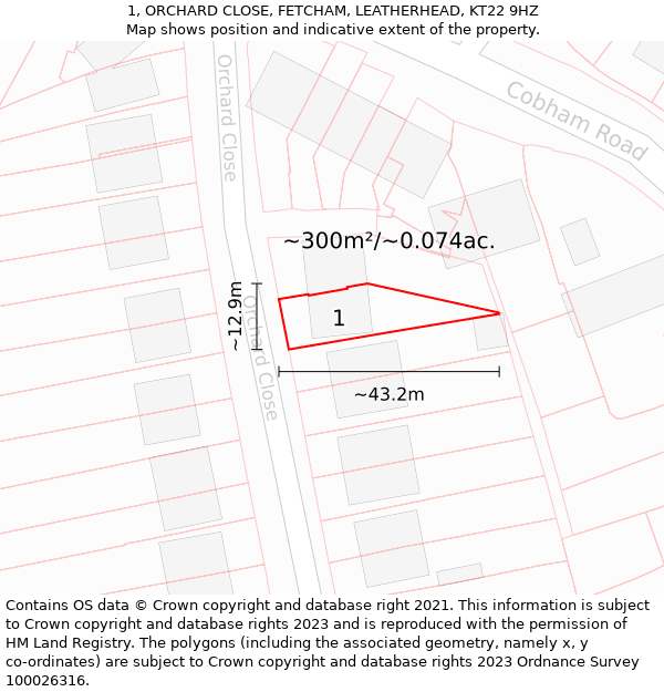 1, ORCHARD CLOSE, FETCHAM, LEATHERHEAD, KT22 9HZ: Plot and title map