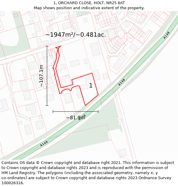 1, ORCHARD CLOSE, HOLT, NR25 6AT: Plot and title map