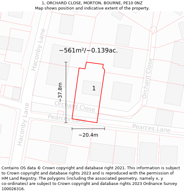 1, ORCHARD CLOSE, MORTON, BOURNE, PE10 0NZ: Plot and title map