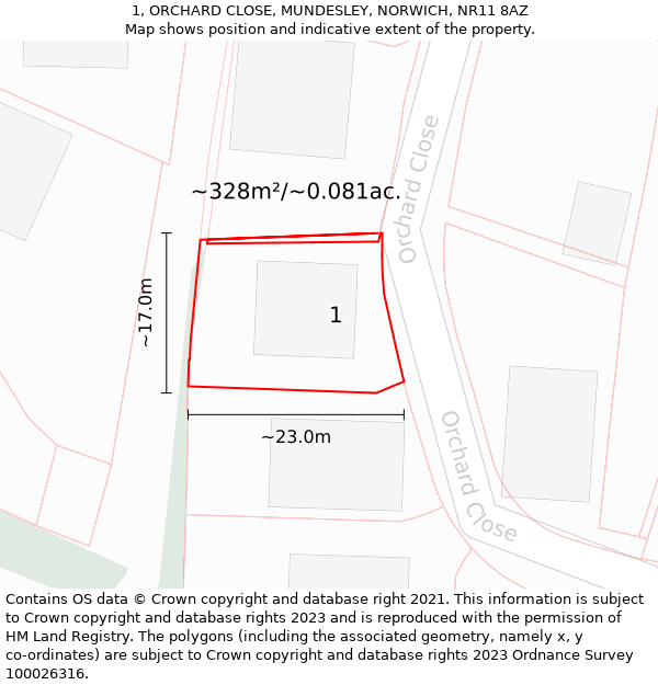 1, ORCHARD CLOSE, MUNDESLEY, NORWICH, NR11 8AZ: Plot and title map