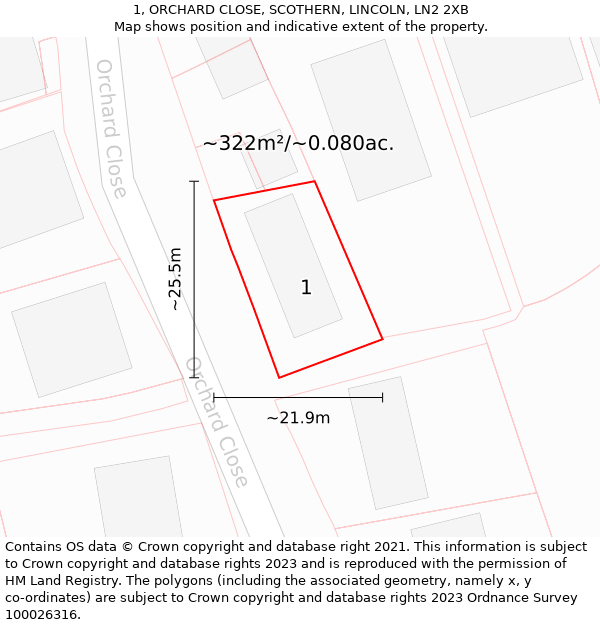 1, ORCHARD CLOSE, SCOTHERN, LINCOLN, LN2 2XB: Plot and title map