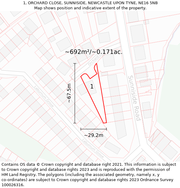 1, ORCHARD CLOSE, SUNNISIDE, NEWCASTLE UPON TYNE, NE16 5NB: Plot and title map