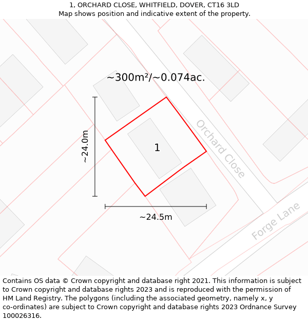 1, ORCHARD CLOSE, WHITFIELD, DOVER, CT16 3LD: Plot and title map