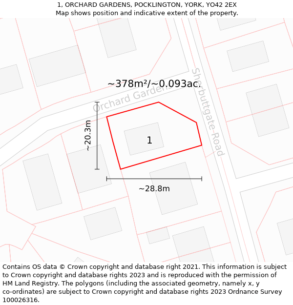 1, ORCHARD GARDENS, POCKLINGTON, YORK, YO42 2EX: Plot and title map