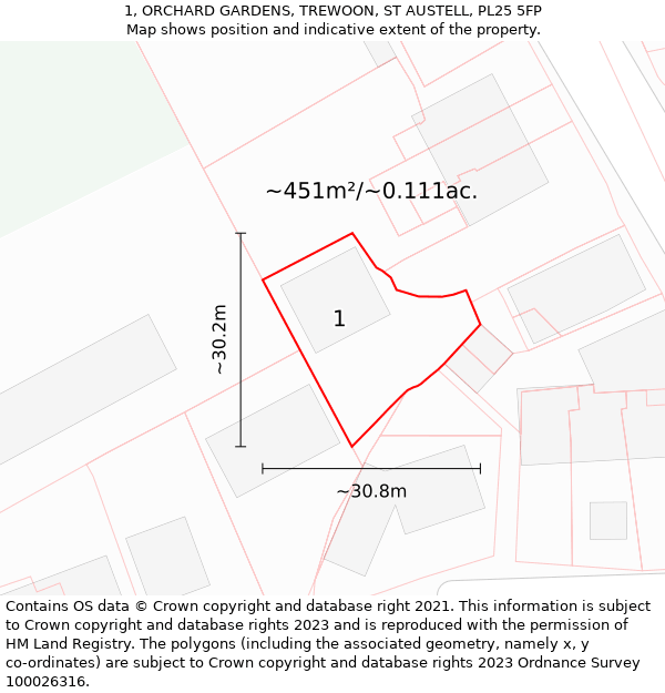 1, ORCHARD GARDENS, TREWOON, ST AUSTELL, PL25 5FP: Plot and title map