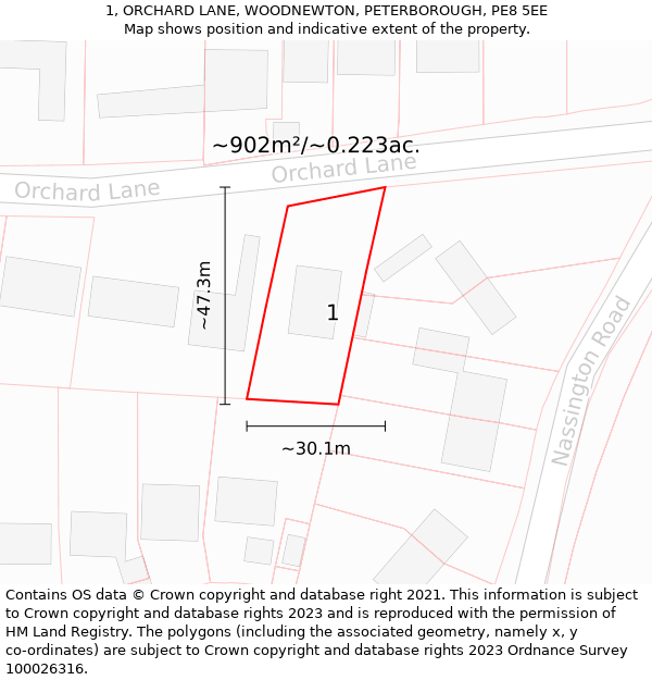 1, ORCHARD LANE, WOODNEWTON, PETERBOROUGH, PE8 5EE: Plot and title map