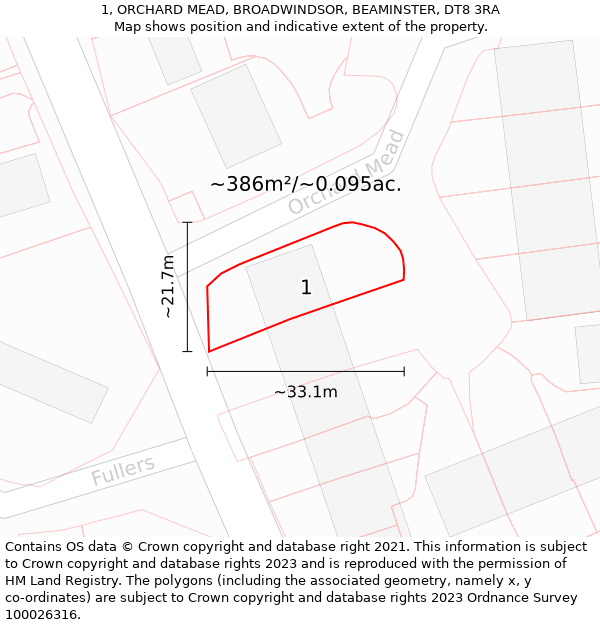 1, ORCHARD MEAD, BROADWINDSOR, BEAMINSTER, DT8 3RA: Plot and title map