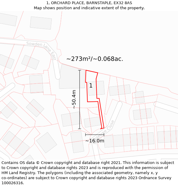 1, ORCHARD PLACE, BARNSTAPLE, EX32 8AS: Plot and title map