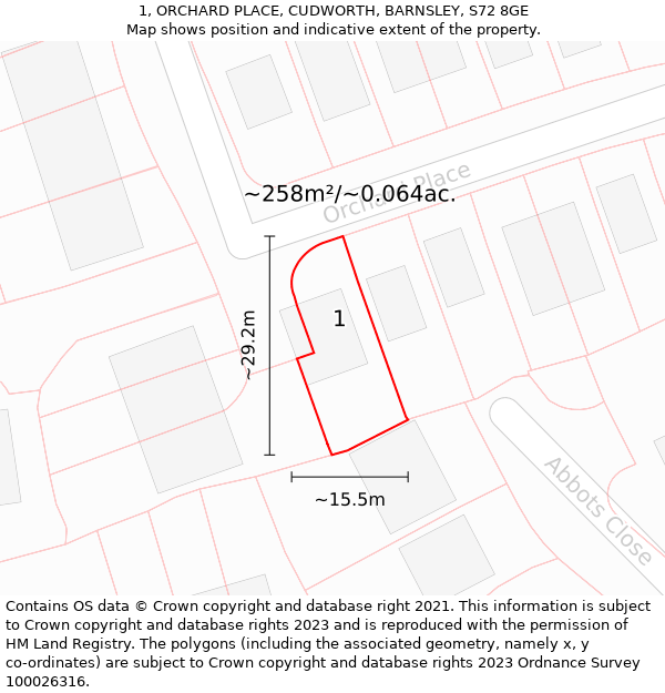 1, ORCHARD PLACE, CUDWORTH, BARNSLEY, S72 8GE: Plot and title map