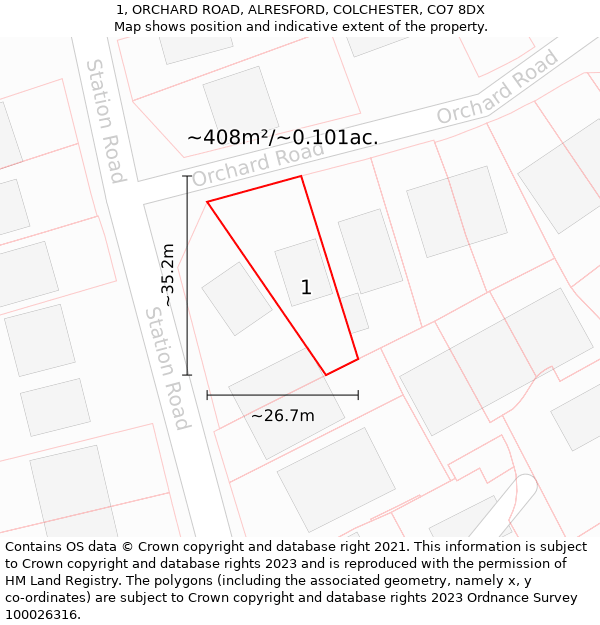 1, ORCHARD ROAD, ALRESFORD, COLCHESTER, CO7 8DX: Plot and title map