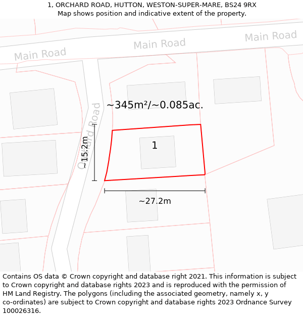 1, ORCHARD ROAD, HUTTON, WESTON-SUPER-MARE, BS24 9RX: Plot and title map