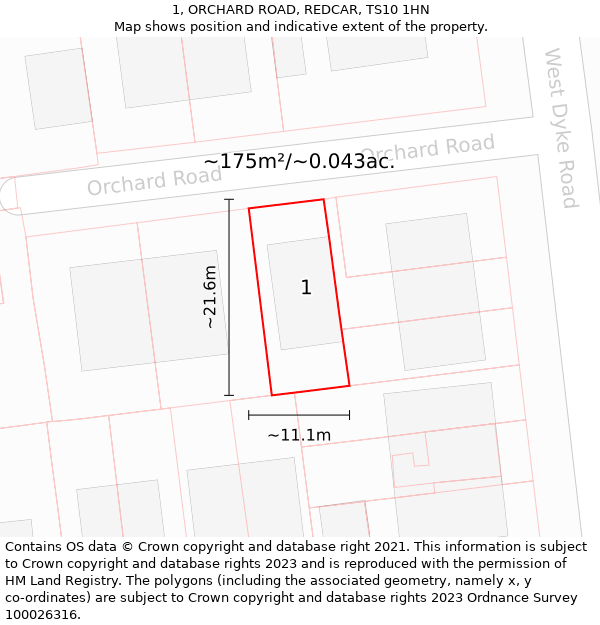 1, ORCHARD ROAD, REDCAR, TS10 1HN: Plot and title map