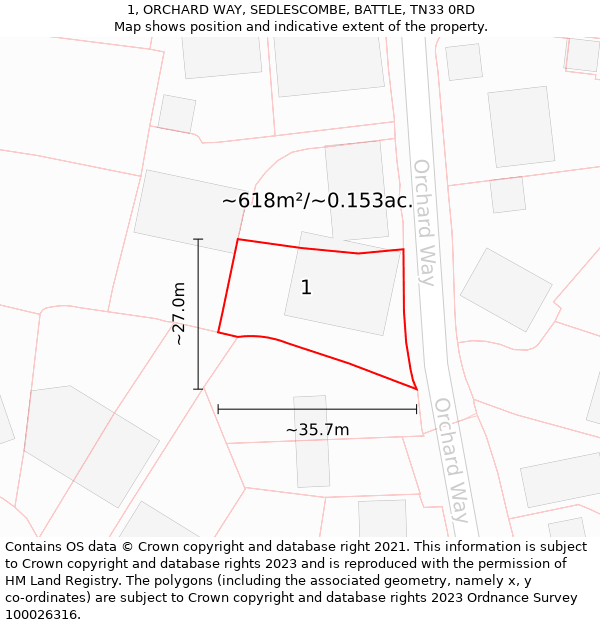 1, ORCHARD WAY, SEDLESCOMBE, BATTLE, TN33 0RD: Plot and title map