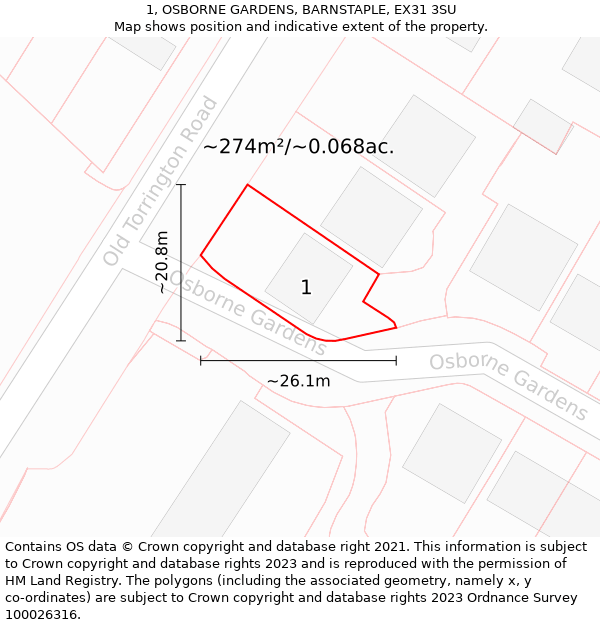 1, OSBORNE GARDENS, BARNSTAPLE, EX31 3SU: Plot and title map