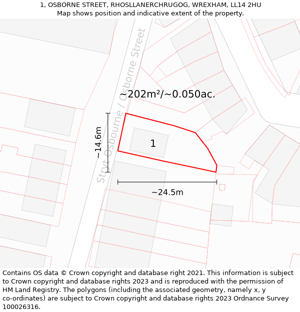 1, OSBORNE STREET, RHOSLLANERCHRUGOG, WREXHAM, LL14 2HU: Plot and title map