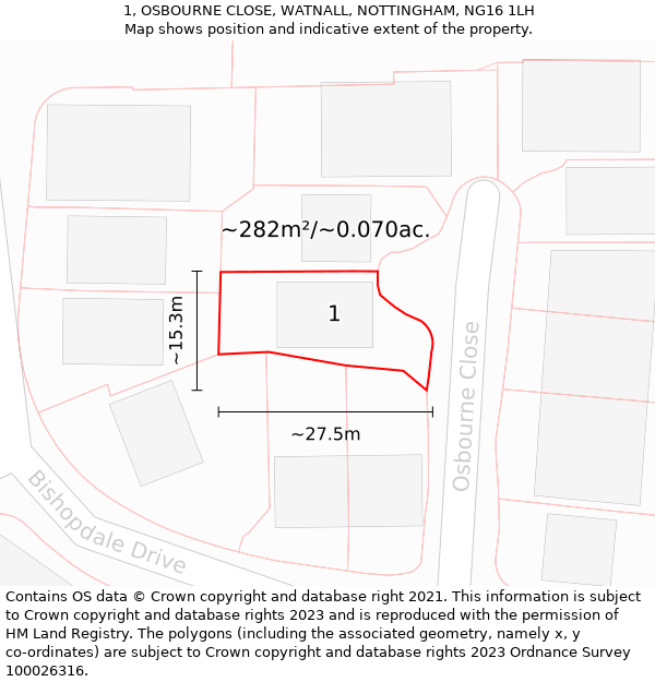 1, OSBOURNE CLOSE, WATNALL, NOTTINGHAM, NG16 1LH: Plot and title map