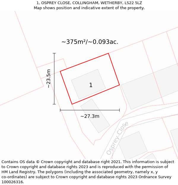 1, OSPREY CLOSE, COLLINGHAM, WETHERBY, LS22 5LZ: Plot and title map