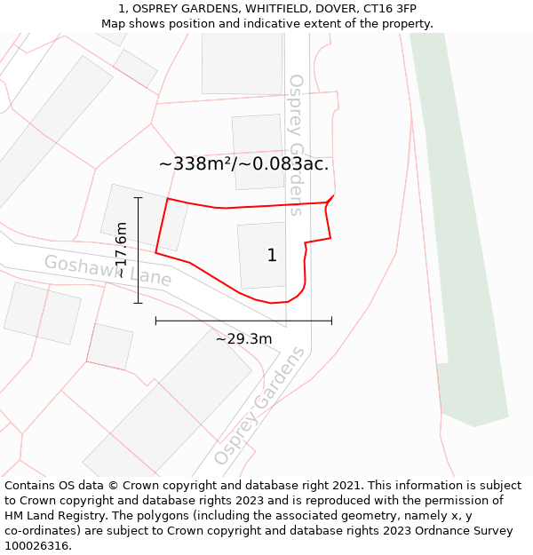 1, OSPREY GARDENS, WHITFIELD, DOVER, CT16 3FP: Plot and title map