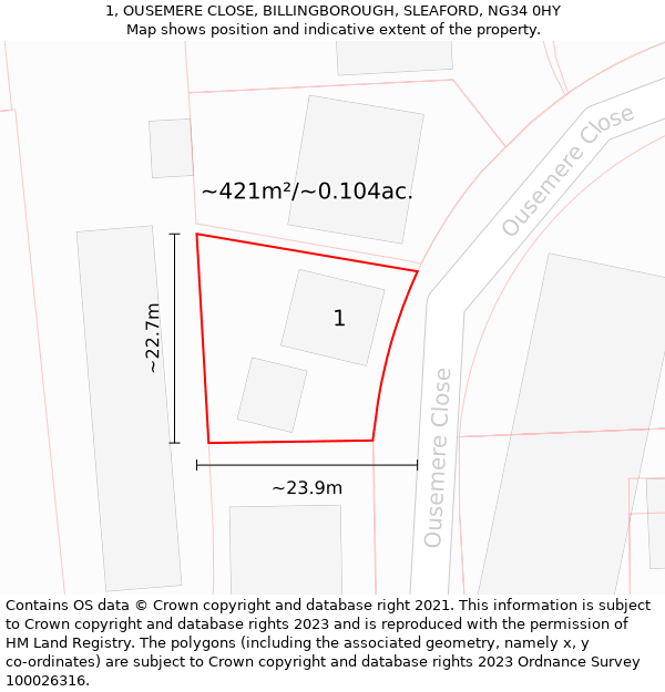 1, OUSEMERE CLOSE, BILLINGBOROUGH, SLEAFORD, NG34 0HY: Plot and title map