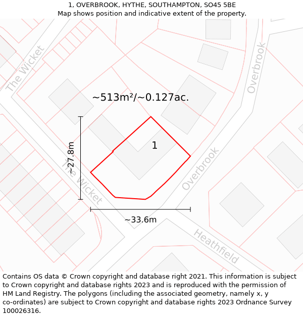 1, OVERBROOK, HYTHE, SOUTHAMPTON, SO45 5BE: Plot and title map