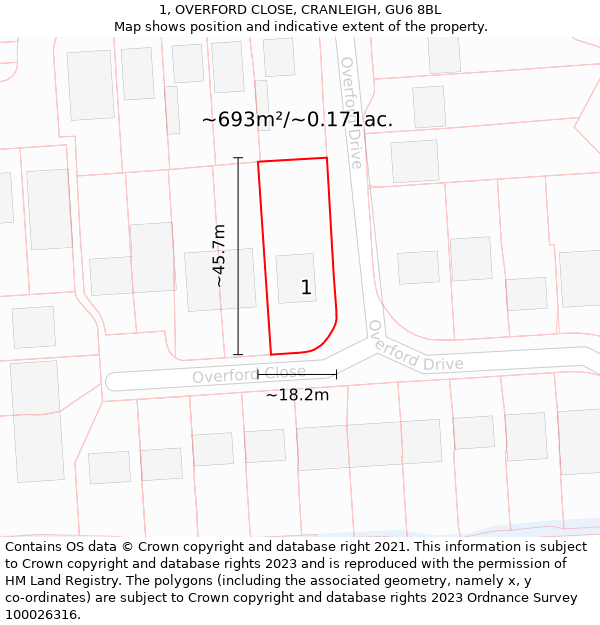 1, OVERFORD CLOSE, CRANLEIGH, GU6 8BL: Plot and title map