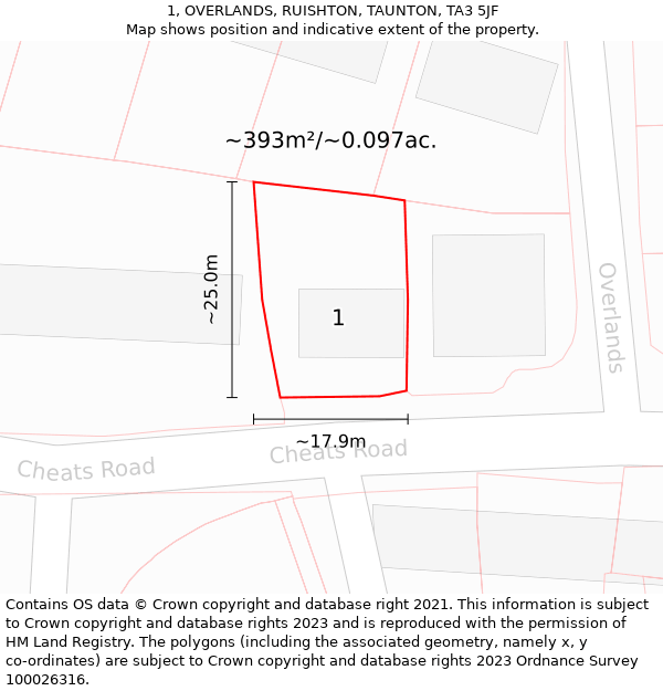 1, OVERLANDS, RUISHTON, TAUNTON, TA3 5JF: Plot and title map