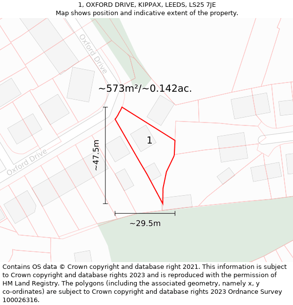 1, OXFORD DRIVE, KIPPAX, LEEDS, LS25 7JE: Plot and title map