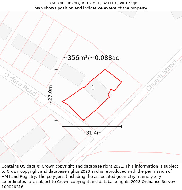 1, OXFORD ROAD, BIRSTALL, BATLEY, WF17 9JR: Plot and title map