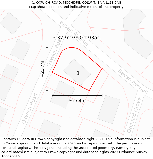 1, OXWICH ROAD, MOCHDRE, COLWYN BAY, LL28 5AG: Plot and title map