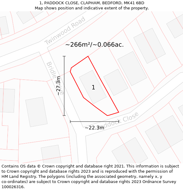 1, PADDOCK CLOSE, CLAPHAM, BEDFORD, MK41 6BD: Plot and title map