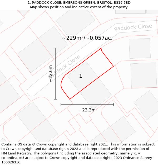 1, PADDOCK CLOSE, EMERSONS GREEN, BRISTOL, BS16 7BD: Plot and title map